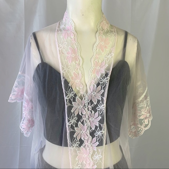 LADY CAMEO PINK LACE NIGHTWEAR LONG SHEER ROMANTIC ROBE VINTAGE  WOMEN LARGE - Picture 6 of 16